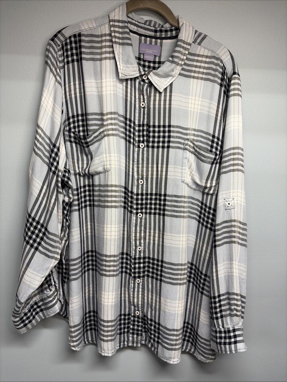 Laura Scott Button-Up Top - Women’s 3X Blue Plaid Long Sleeves -Pockets/Roll-tab